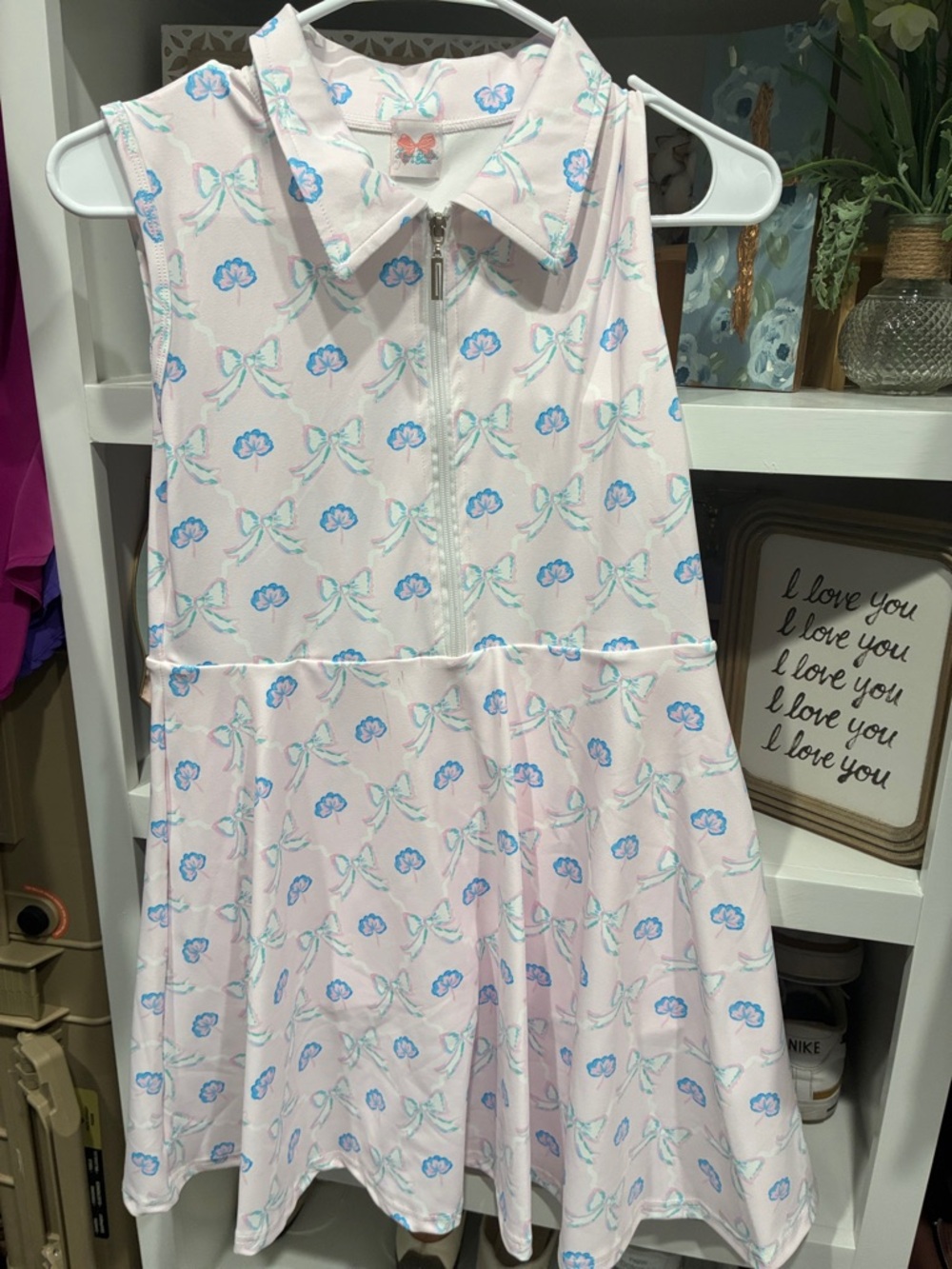 Sleeveless Pink Floral Bow Zip-Front Dress